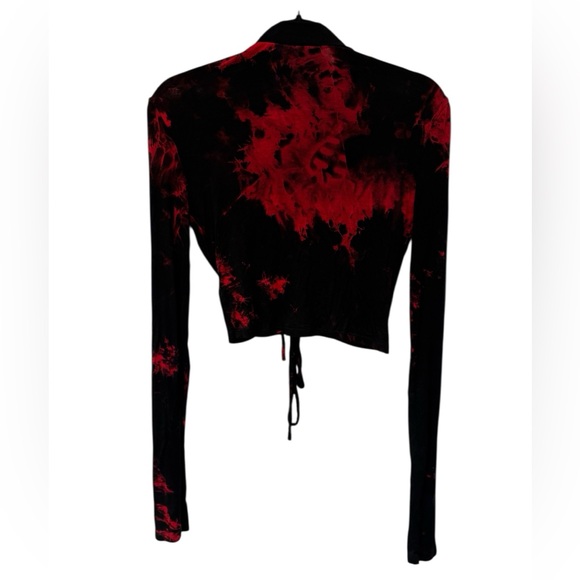 Akira Red and Black Ruched Tie Front Crop Blouse w/ Long Sleeves - Picture 2 of 4